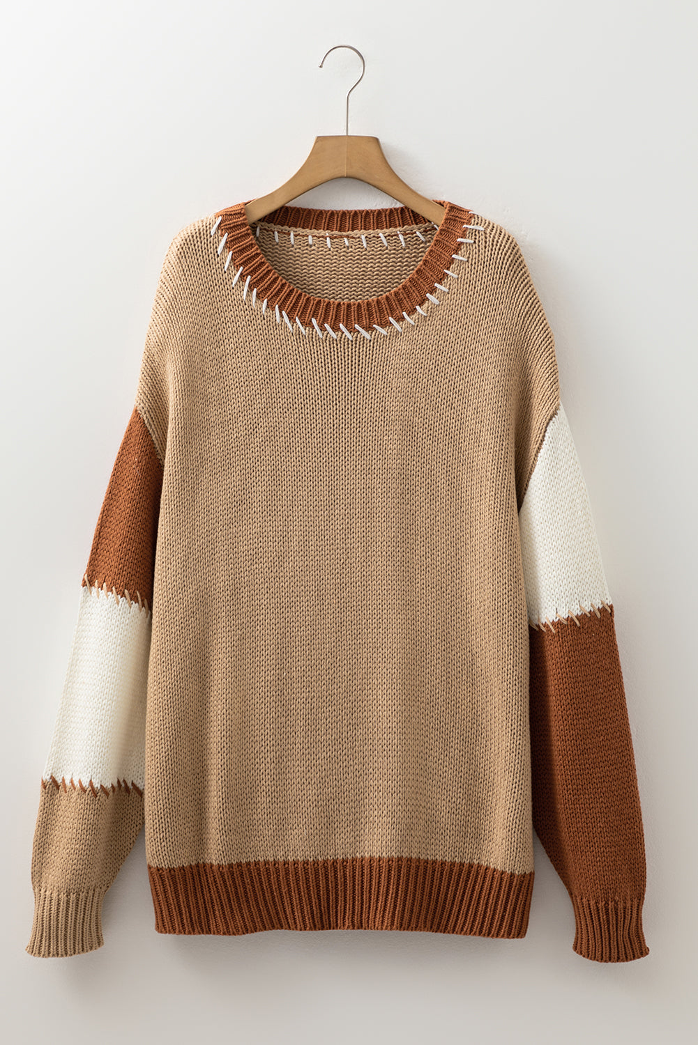 Light French Beige Color Block Knitted Plus Size Sweater Dear-Lover Dropshipping